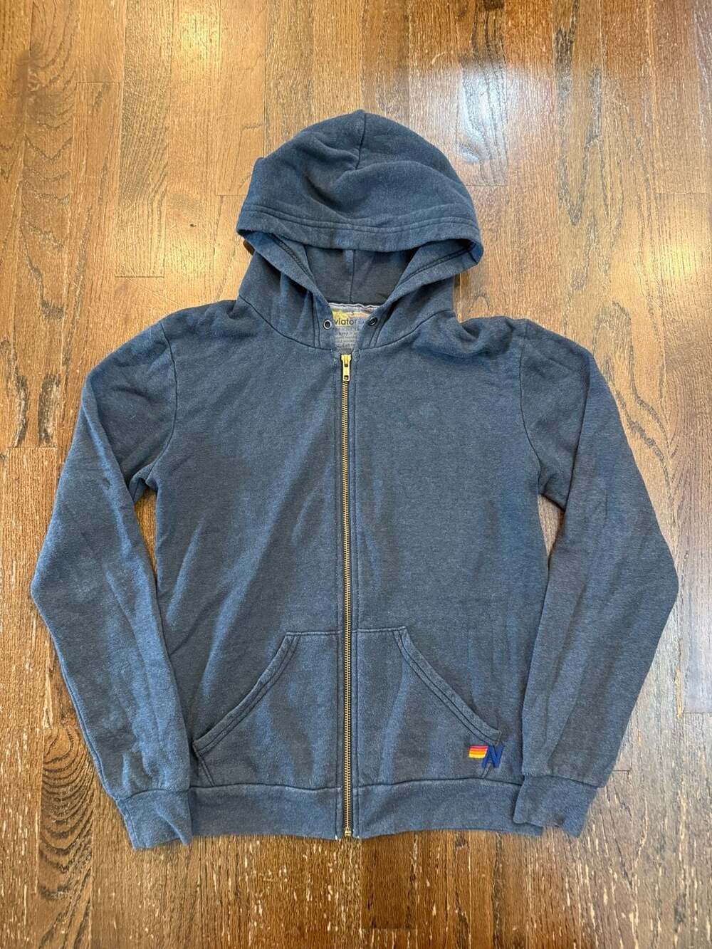 Aviator Nation Charcoal Gray Zip-Up Hoodie with White Lightning Bolt Graphic